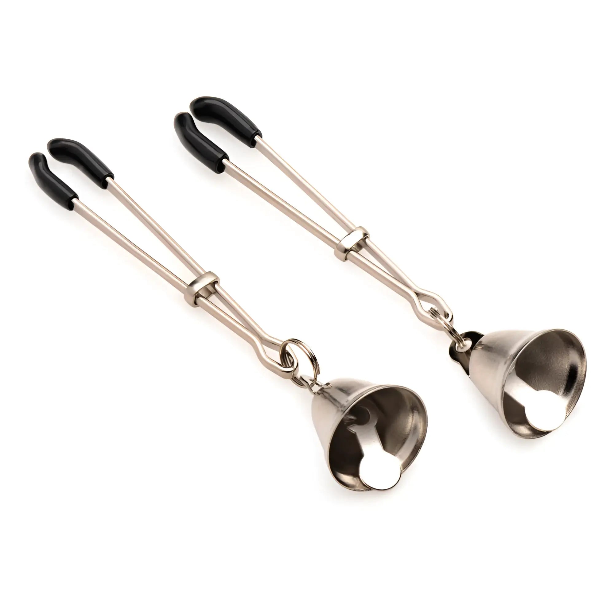 Silver metal adjustable bell nipple clamps with black rubberized handles for comfortable use