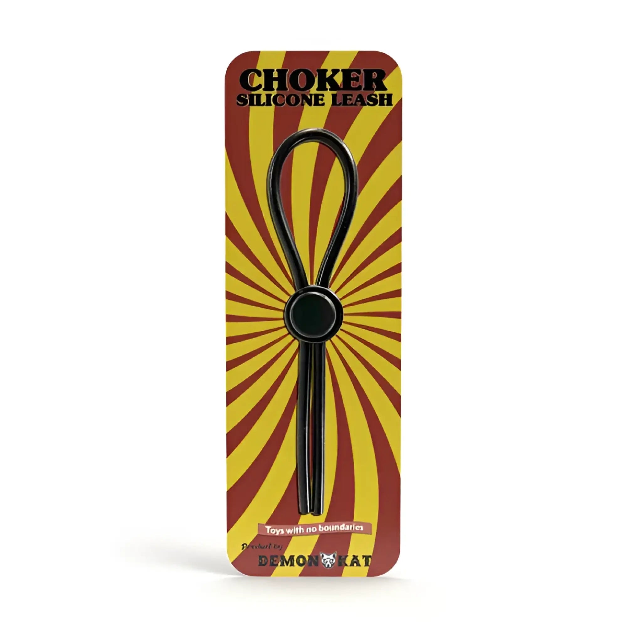 Black silicone choker leash with central circular ring packaged in red and yellow sunburst design