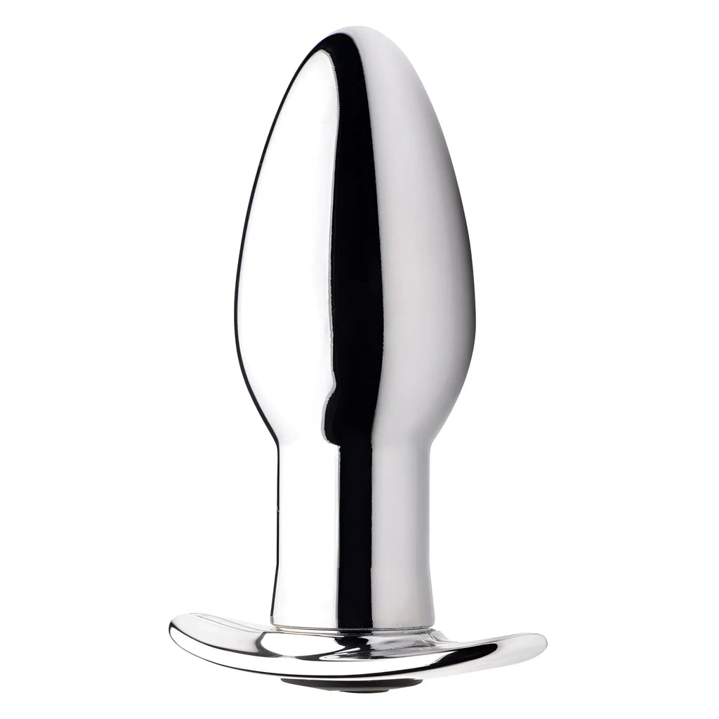 Shiny chrome-plated metal 7x rechargeable butt plug with remote control featuring smooth tapered design and flat base