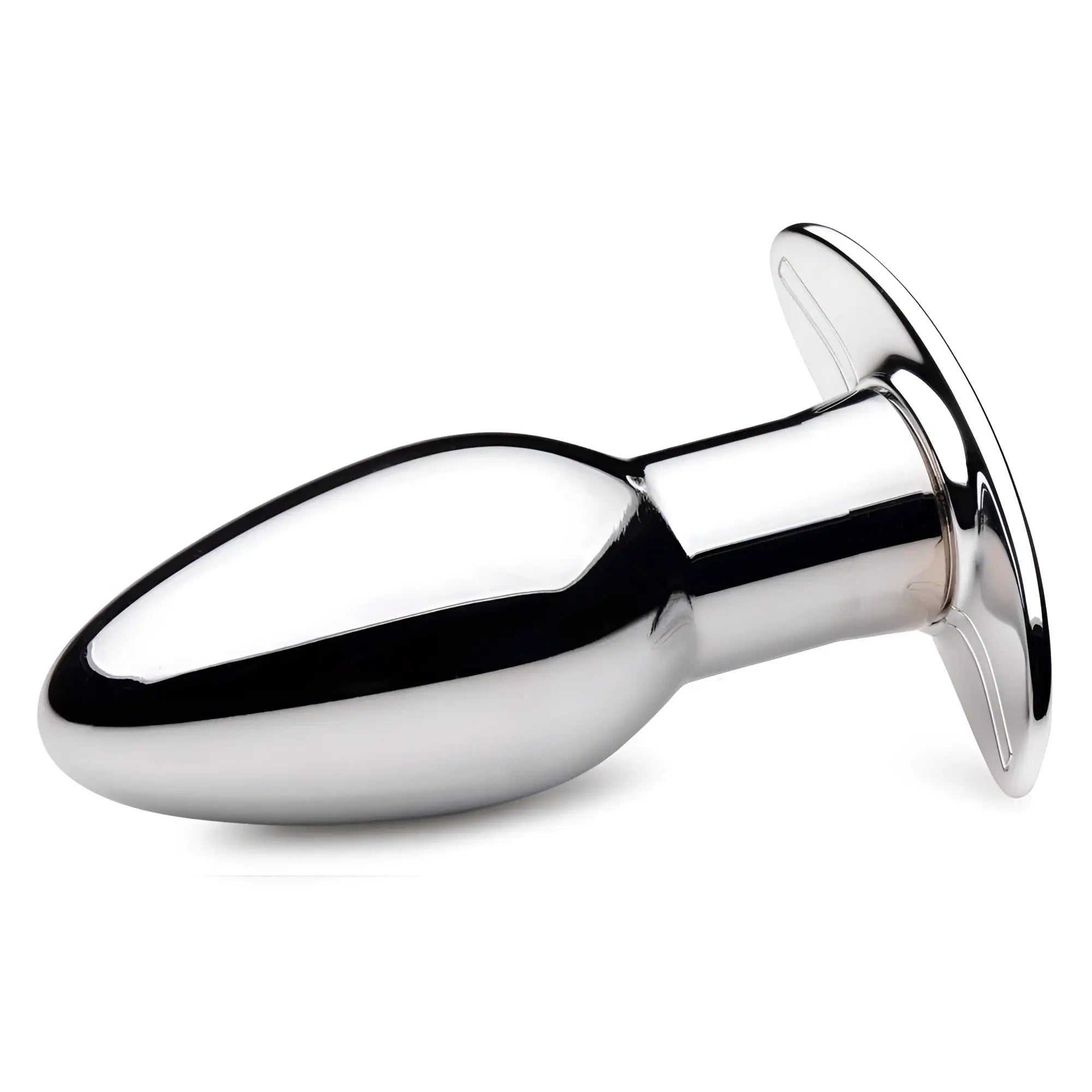 Shiny chrome-plated metal anal plug with smooth rounded head and flat circular base from chrome blast 7x rechargeable with remote control