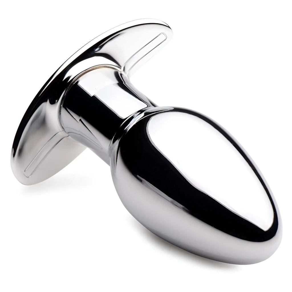Shiny chrome-plated metal chrome blast 7x rechargeable butt plug with remote control and flared base