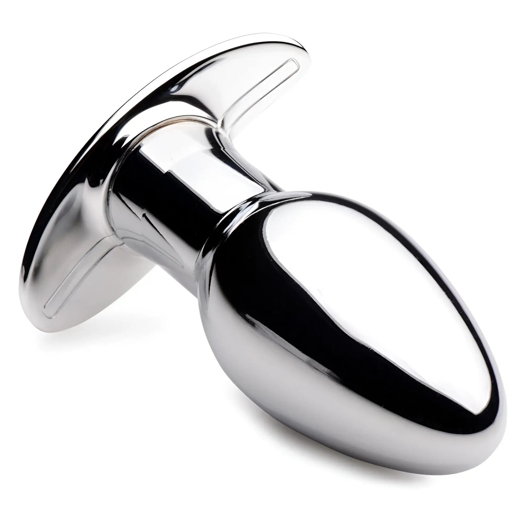 Shiny chrome-plated metal chrome blast 7x rechargeable butt plug with remote control and flared base