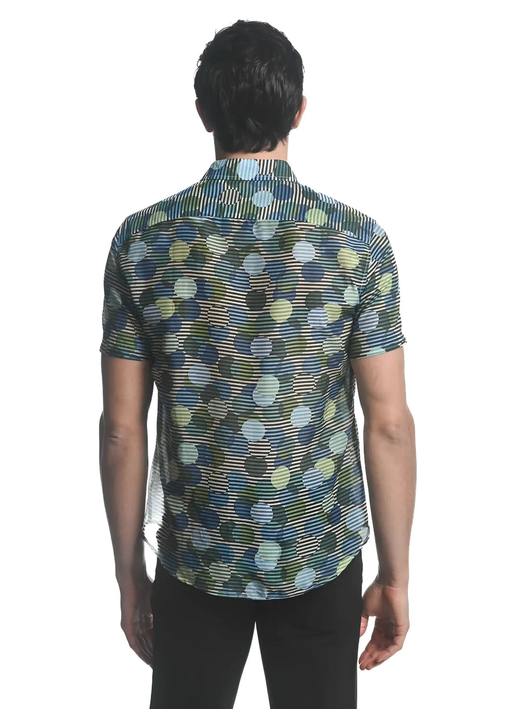 Circles cotton silk s s woven shirt with short sleeves and a vibrant pattern of blue green and beige overlapping circles on striped base