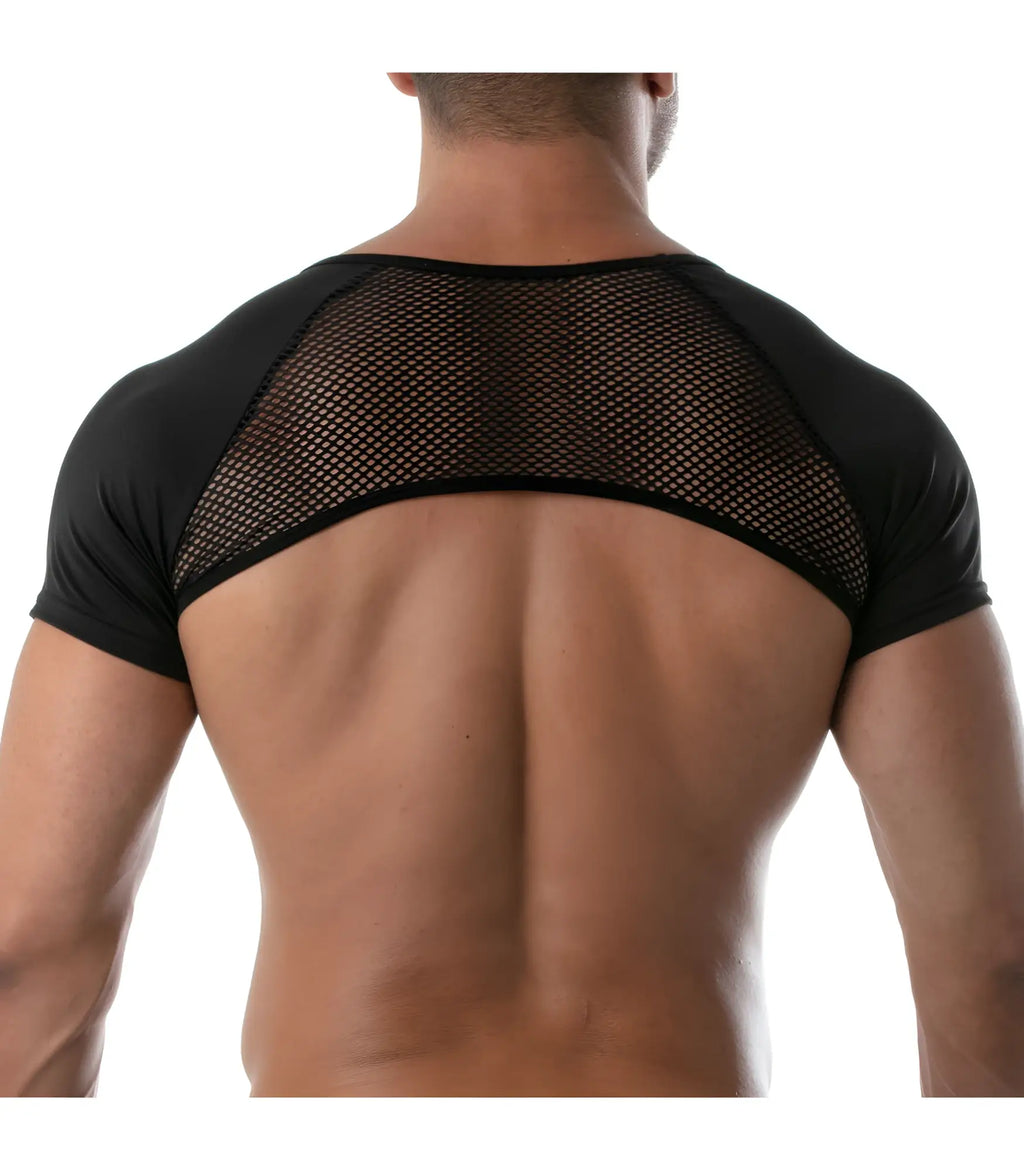 Black circuit mesh full harness short sleeve top with mesh shoulder panels and solid fabric sleeves and neckline