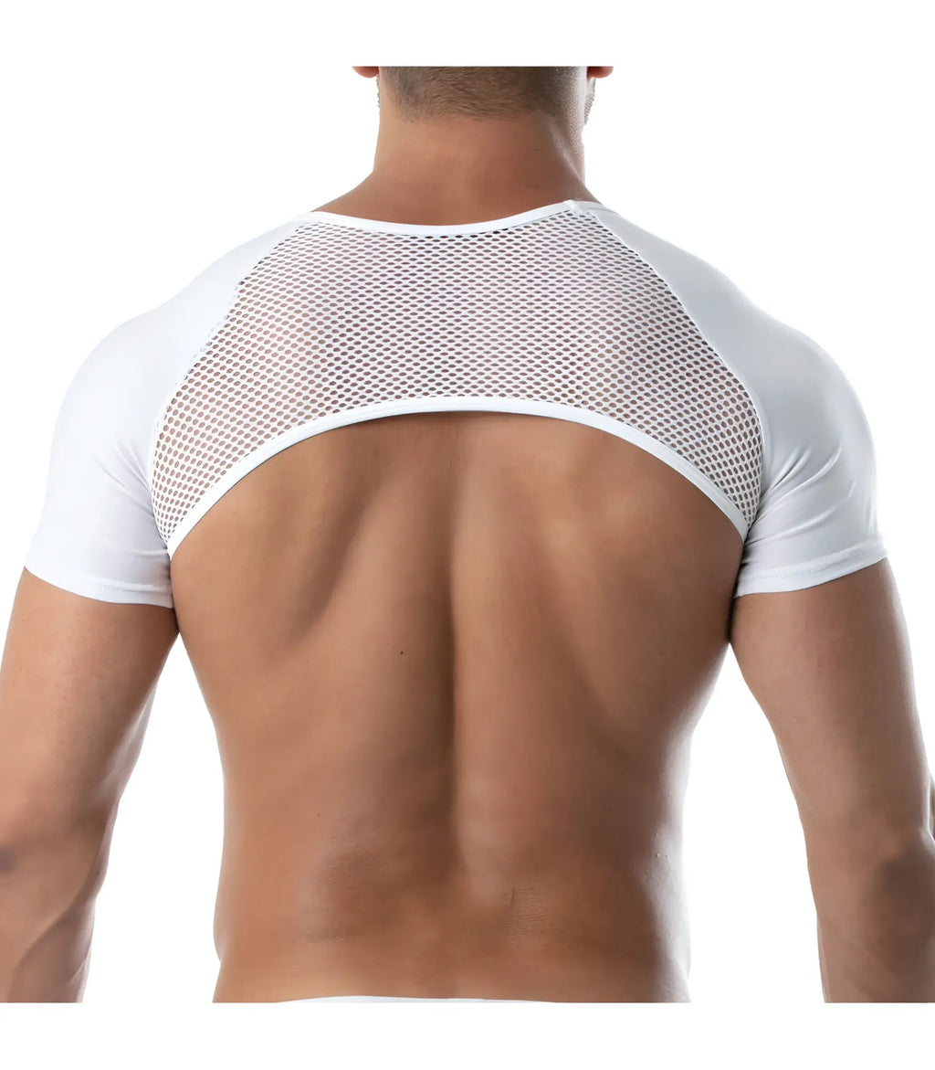 White mesh and solid fabric short-sleeved top with cutout back design from circuit mesh full harness collection