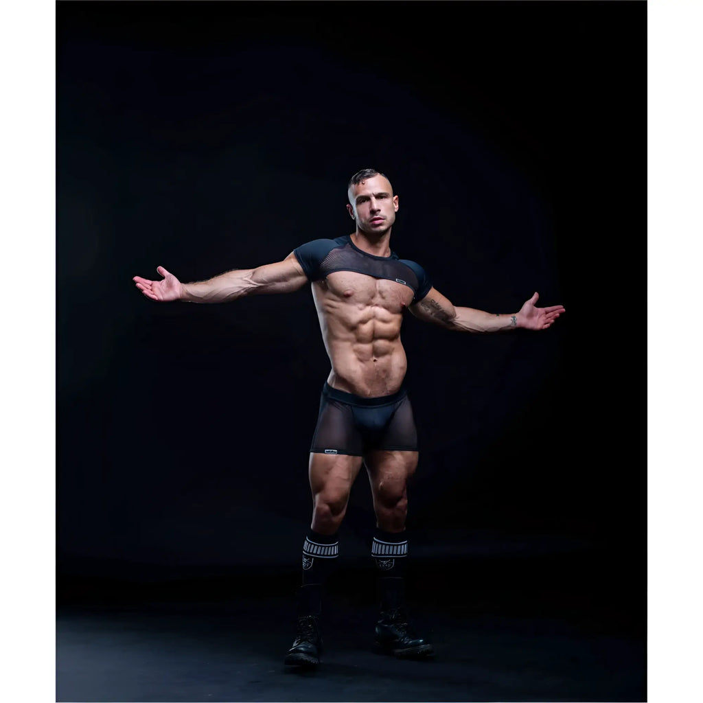 Black mesh athletic top with short sleeves and matching circuit mesh jockshort shorts for workout wear