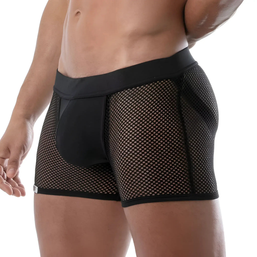 Black mesh circuit mesh jockshort boxer briefs with solid black waistband and reinforced side panels