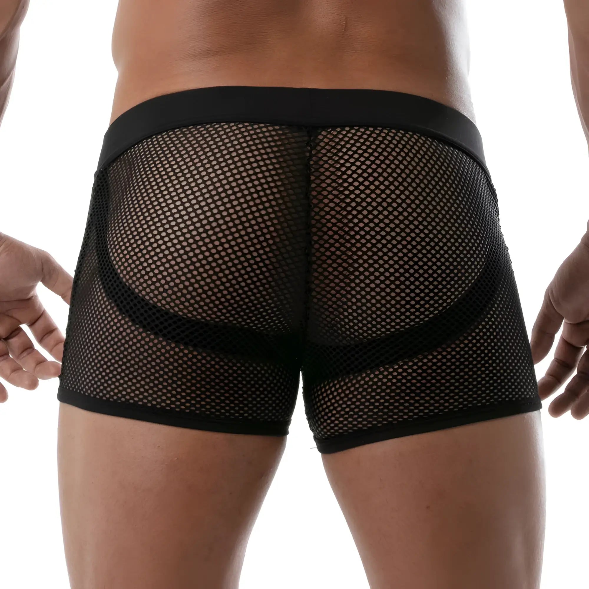 Black circuit mesh jockshort briefs with sheer mesh fabric and solid black waistband and leg openings