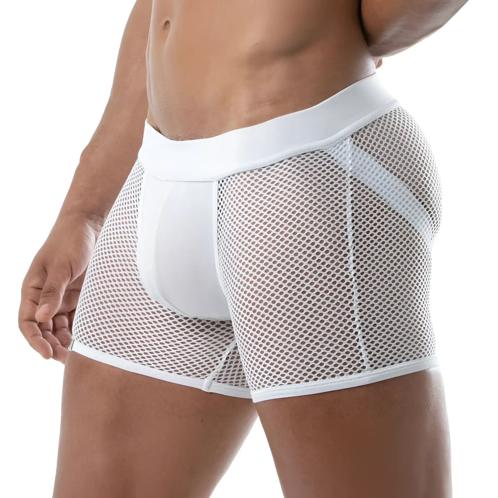 White mesh circuit mesh jockshort boxer briefs with solid white waistband and leg openings for breathable comfort