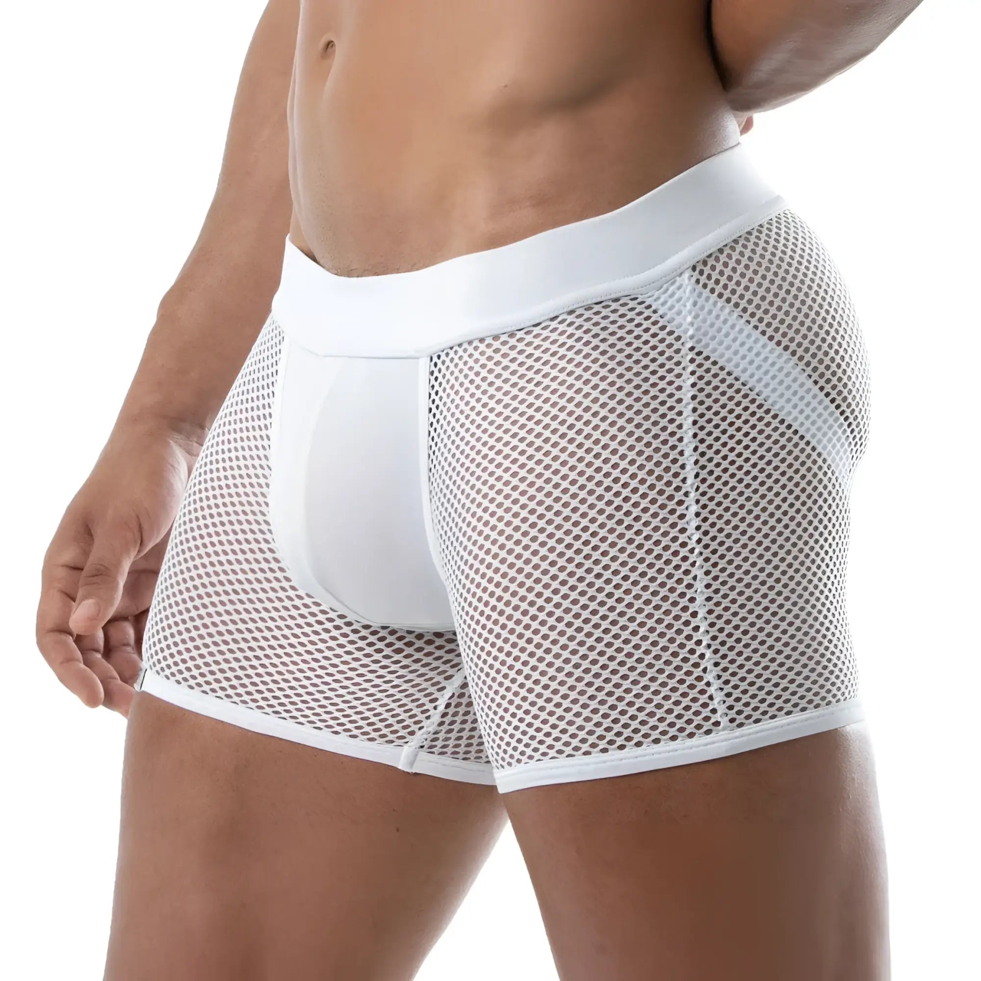 White mesh circuit mesh jockshort boxer briefs with solid white waistband and leg openings for breathable comfort