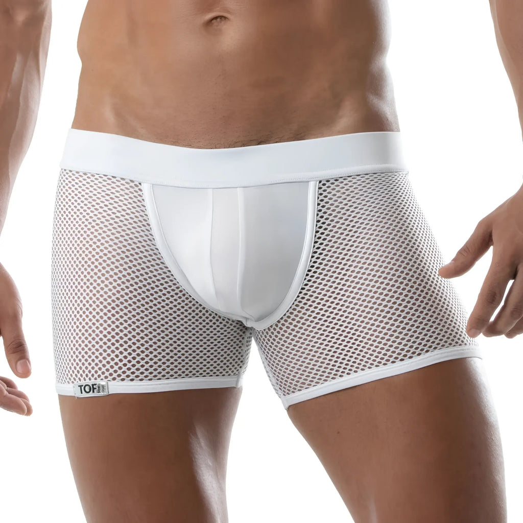 White mesh briefs with solid front panel and waistband featuring tofi brand label on leg from circuit mesh jockshort