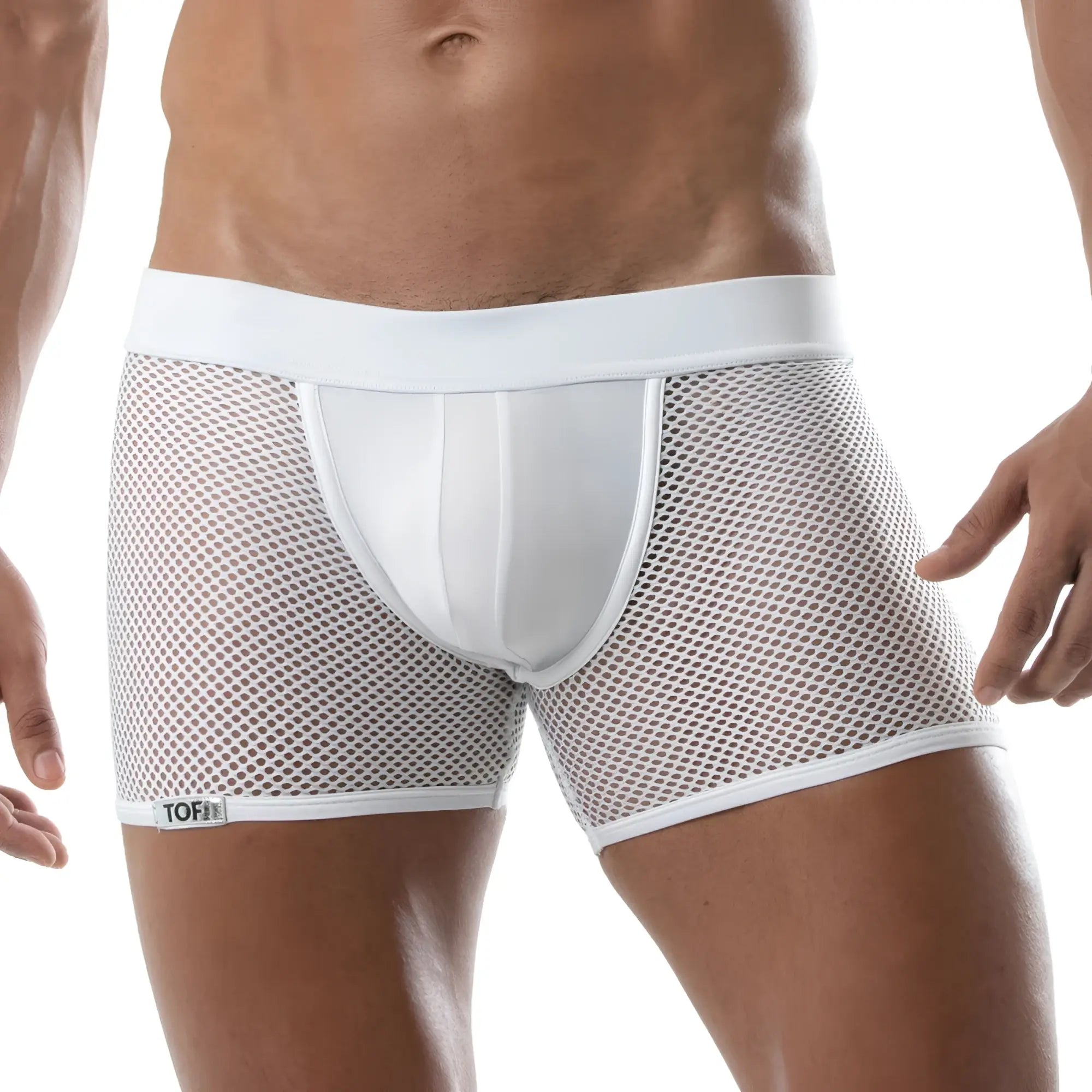 White mesh briefs with solid front panel and waistband featuring tofi brand label on leg from circuit mesh jockshort