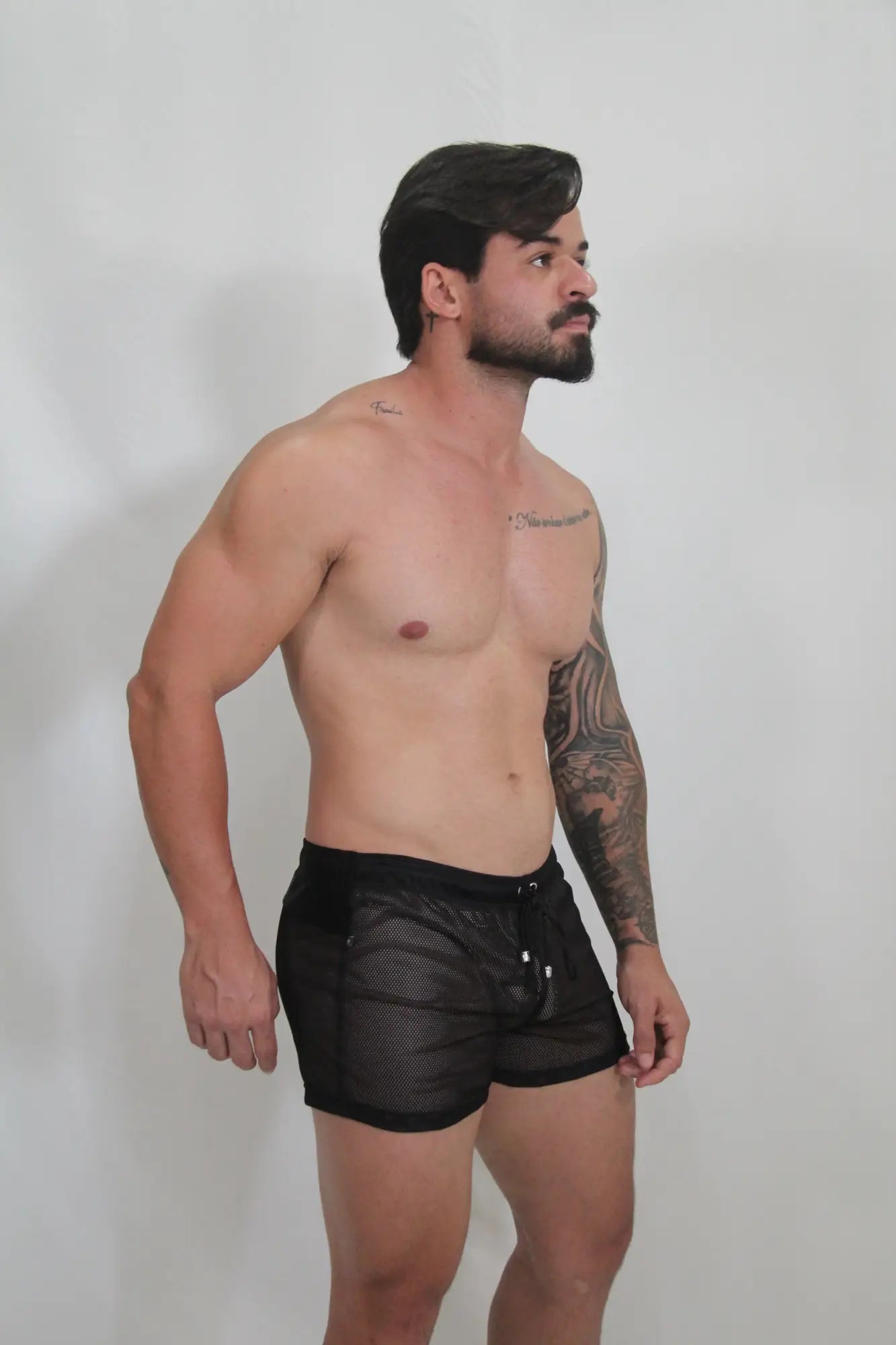 Black mesh swim trunks with drawstring waistband circuit mesh short in black featuring breathable material