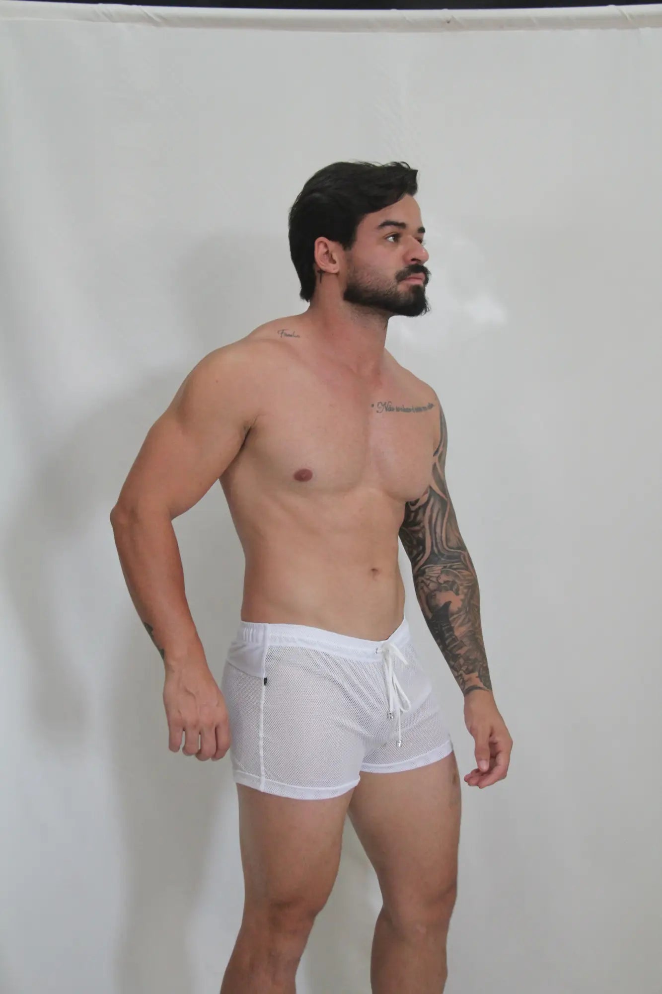 White circuit mesh short with drawstring waistband made of breathable athletic mesh fabric