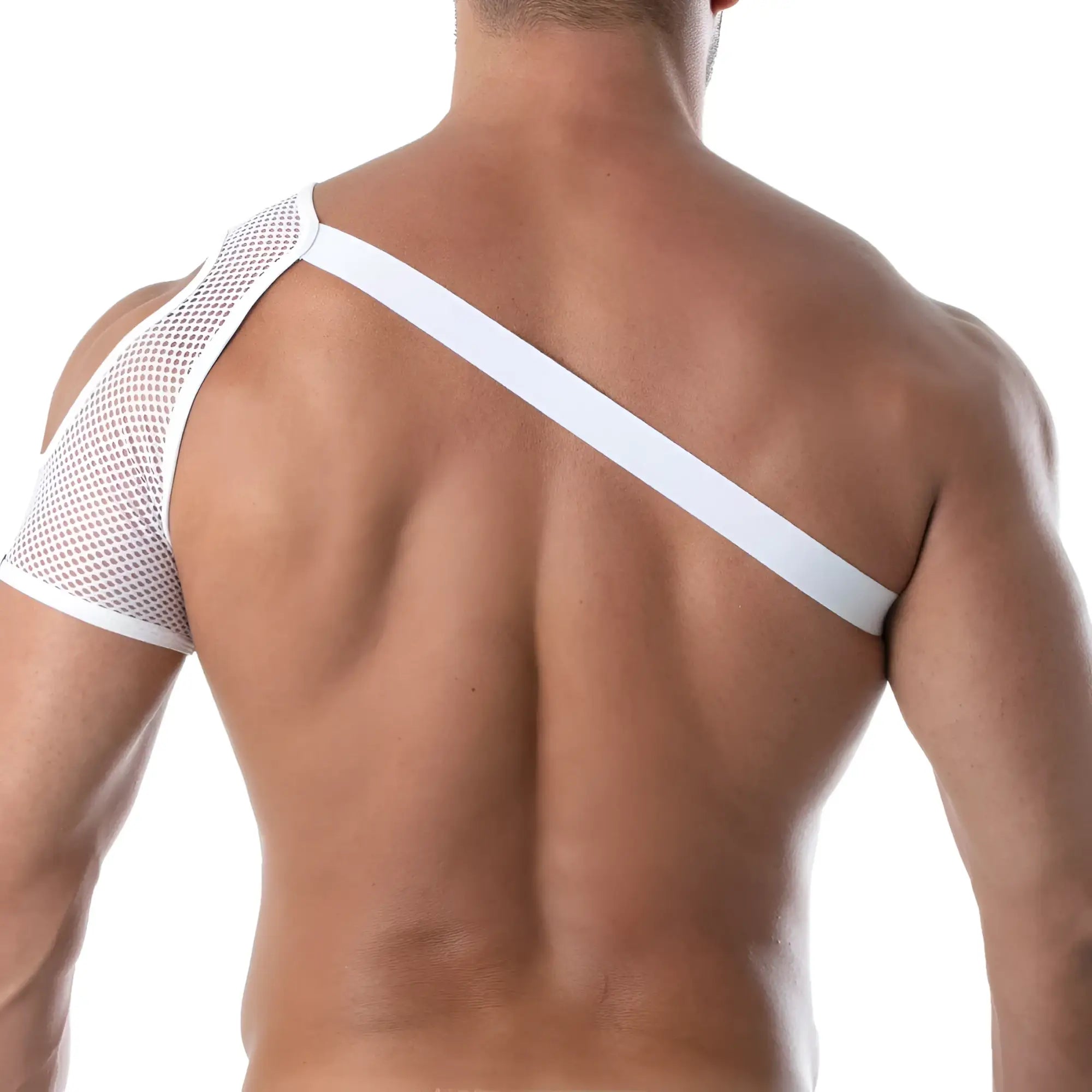 White mesh shoulder harness top with solid white band across the back shown from the back side