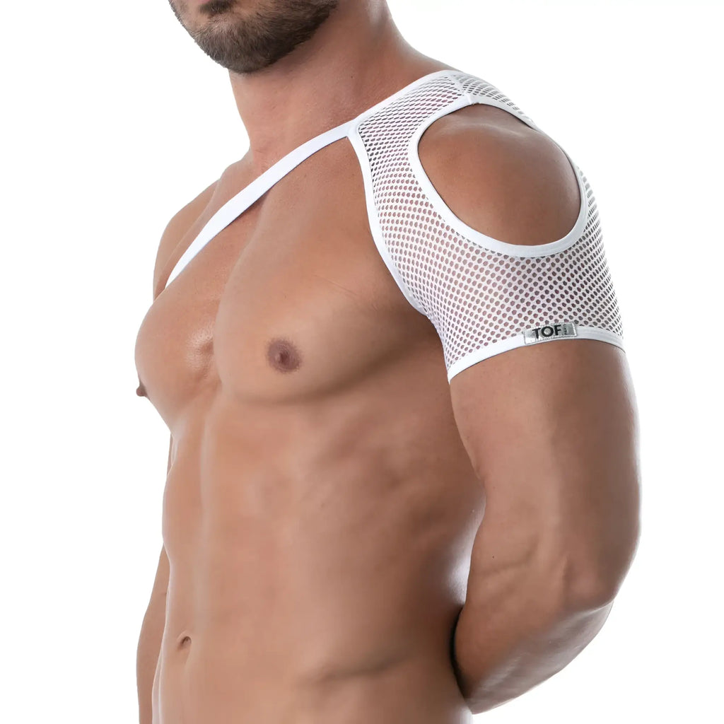 White mesh shoulder harness with cutout design and branded label for lightweight support and comfort
