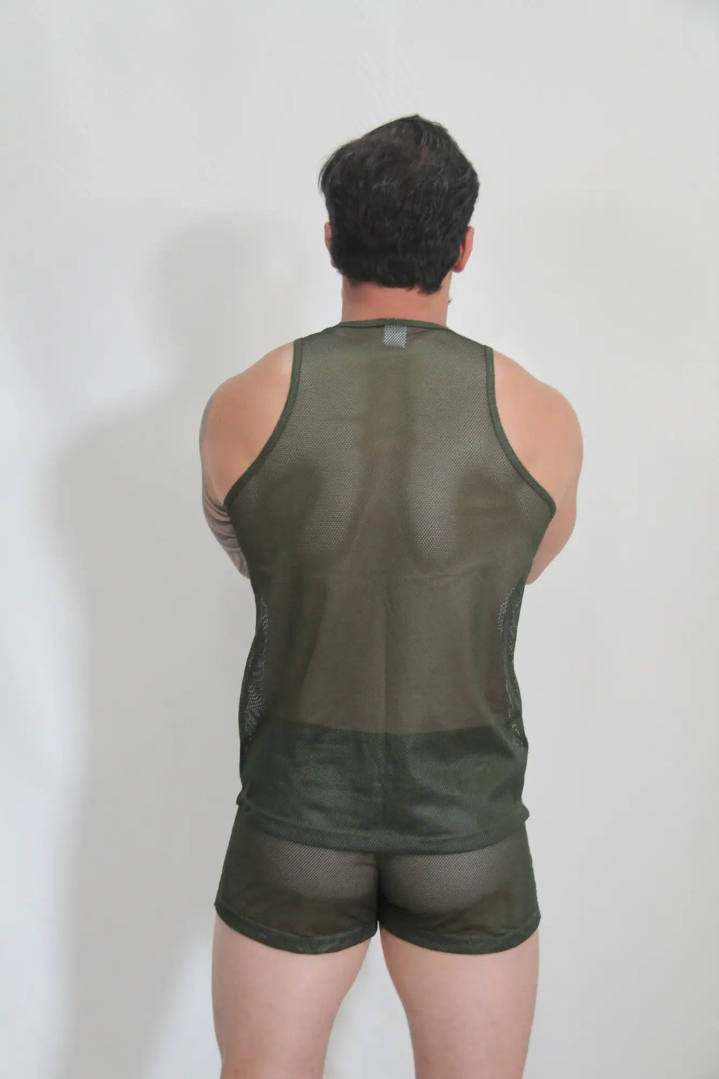 Olive green circuit mesh tank top featuring breathable mesh fabric and solid bottom hem in four colors available
