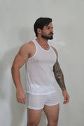 White mesh tank top with round neckline and matching shorts from circuit mesh tanks in white color