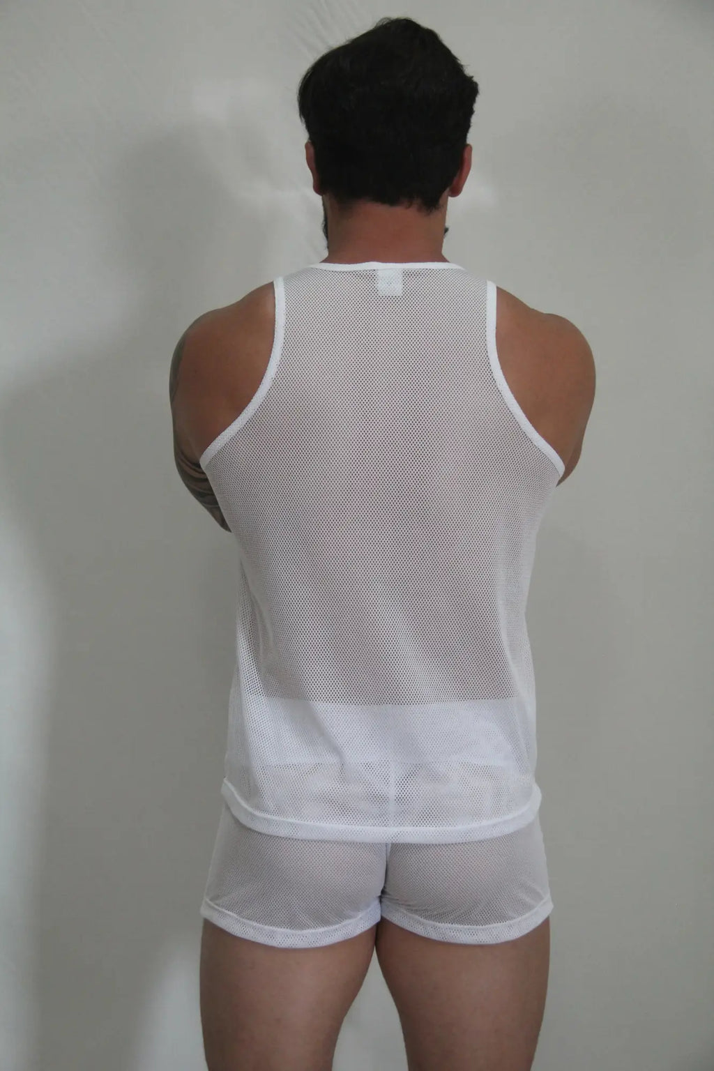 White mesh tank top with white trim and matching shorts from circuit mesh tanks available in 4 colors