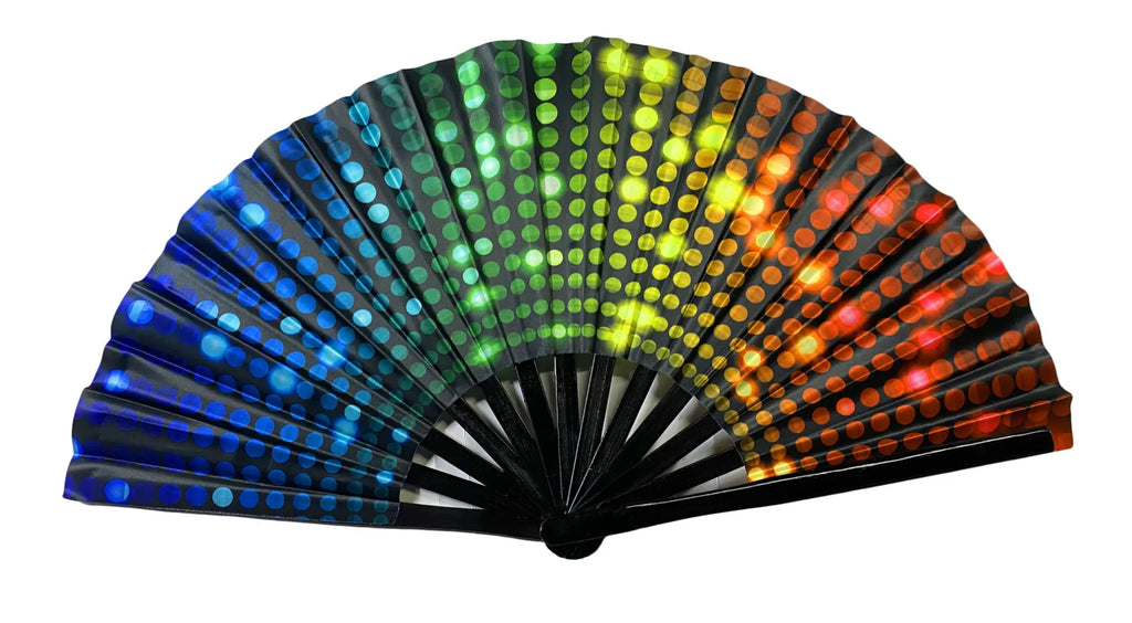 A black folding Clack Fan with a vibrant rainbow LED light pattern featuring glowing dots transitioning from blue to red