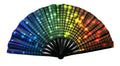 A black folding Clack Fan with a vibrant rainbow LED light pattern featuring glowing dots transitioning from blue to red