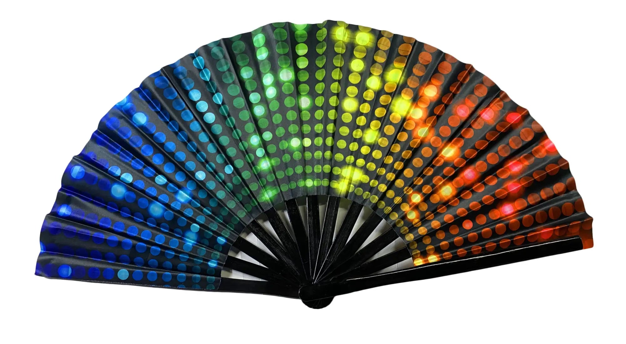 A black folding Clack Fan with a vibrant rainbow LED light pattern featuring glowing dots transitioning from blue to red