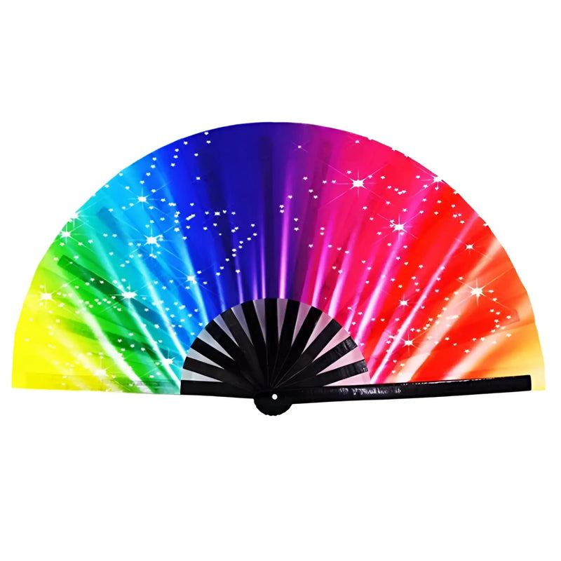 A vibrant rainbow-colored folding fan with a sparkling star pattern and black ribbed handle from Clack Fans