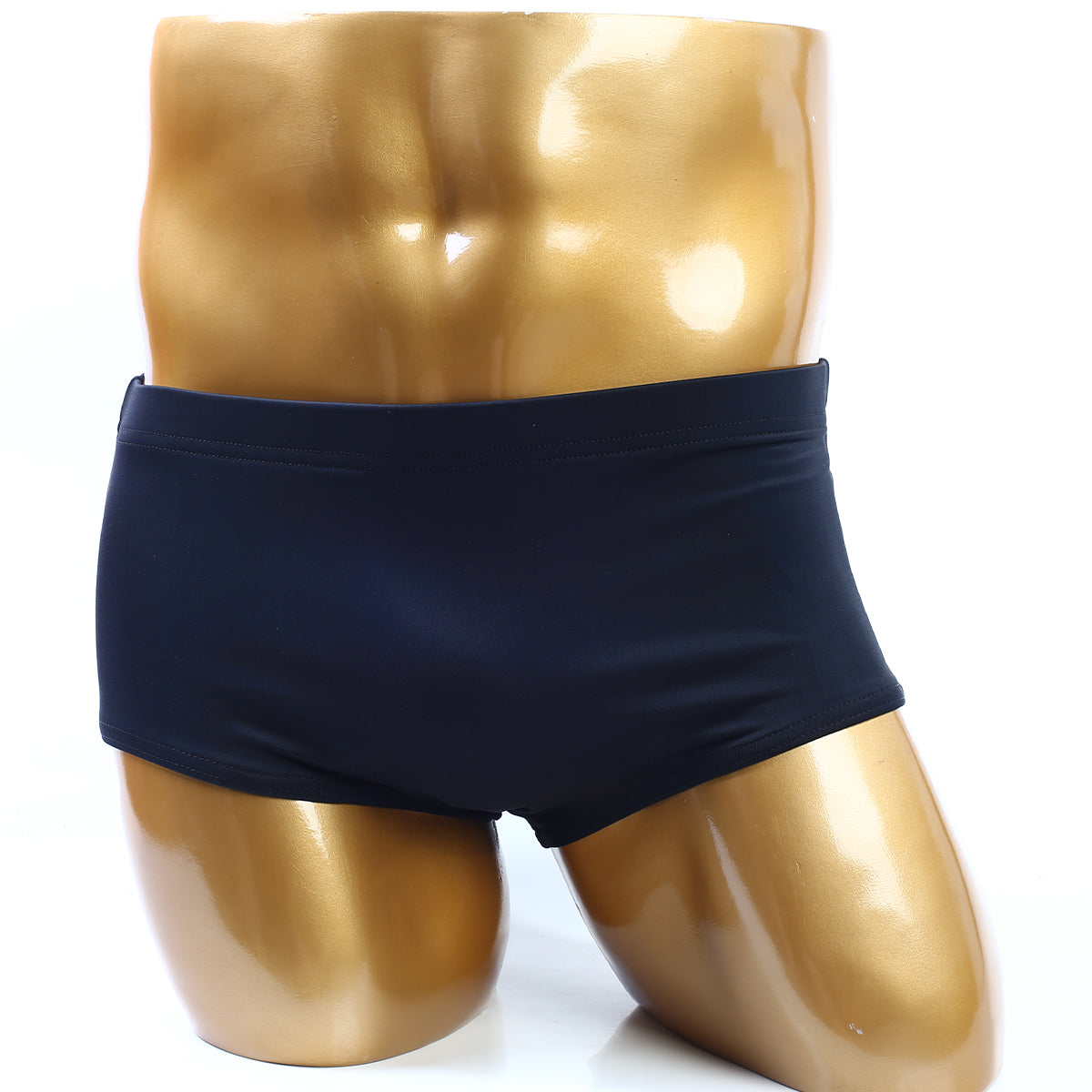 MetroMaleWear classic body building trunk in navy blue displayed on a golden mannequin torso with a 6 inch length