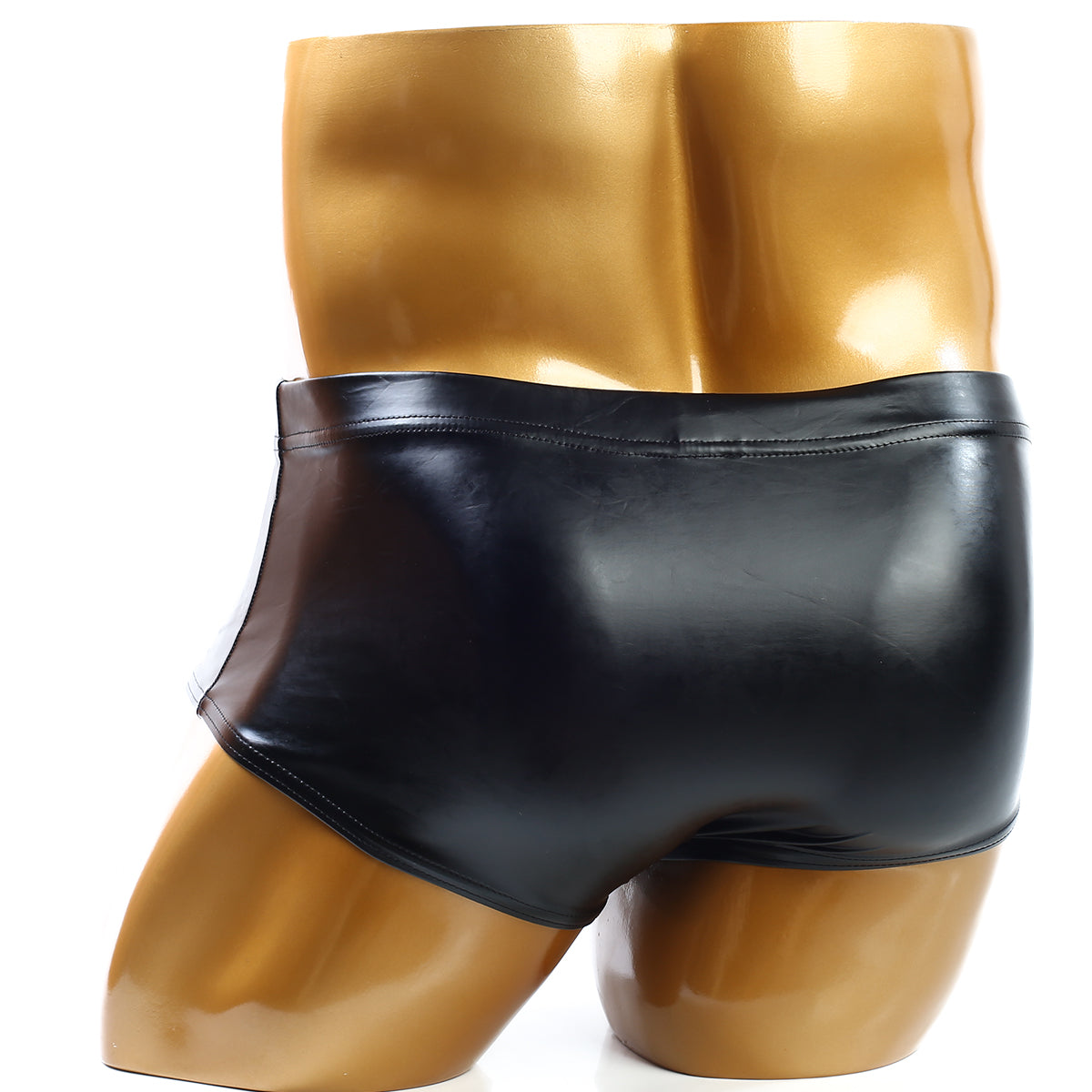 Black shiny faux leather briefs with a sleek form-fitting design from MetroMaleWear PosingWear classic body building trunk