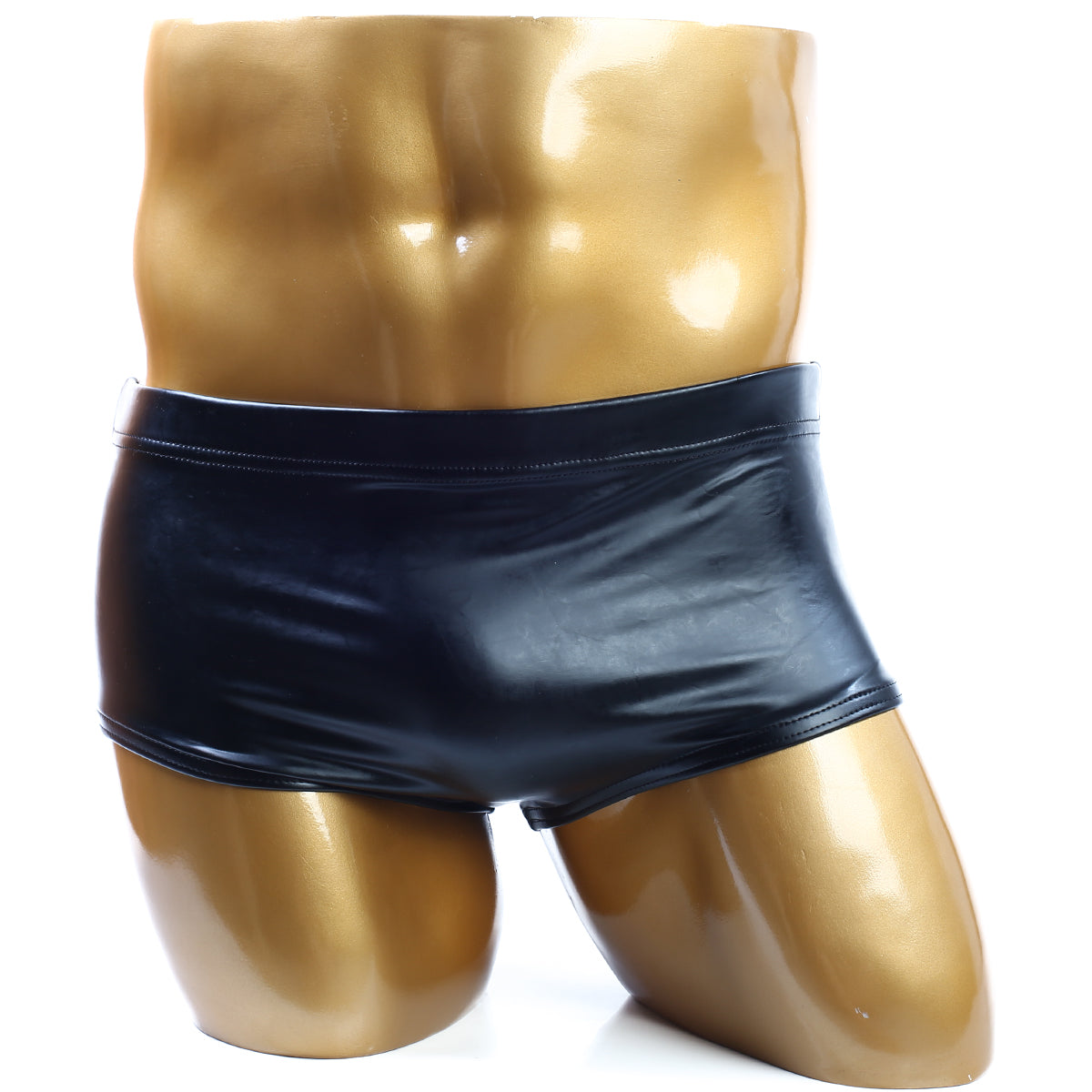 Black shiny latex briefs displayed on a golden mannequin metroMalewear classic bodybuilding trunk leather 6 inch