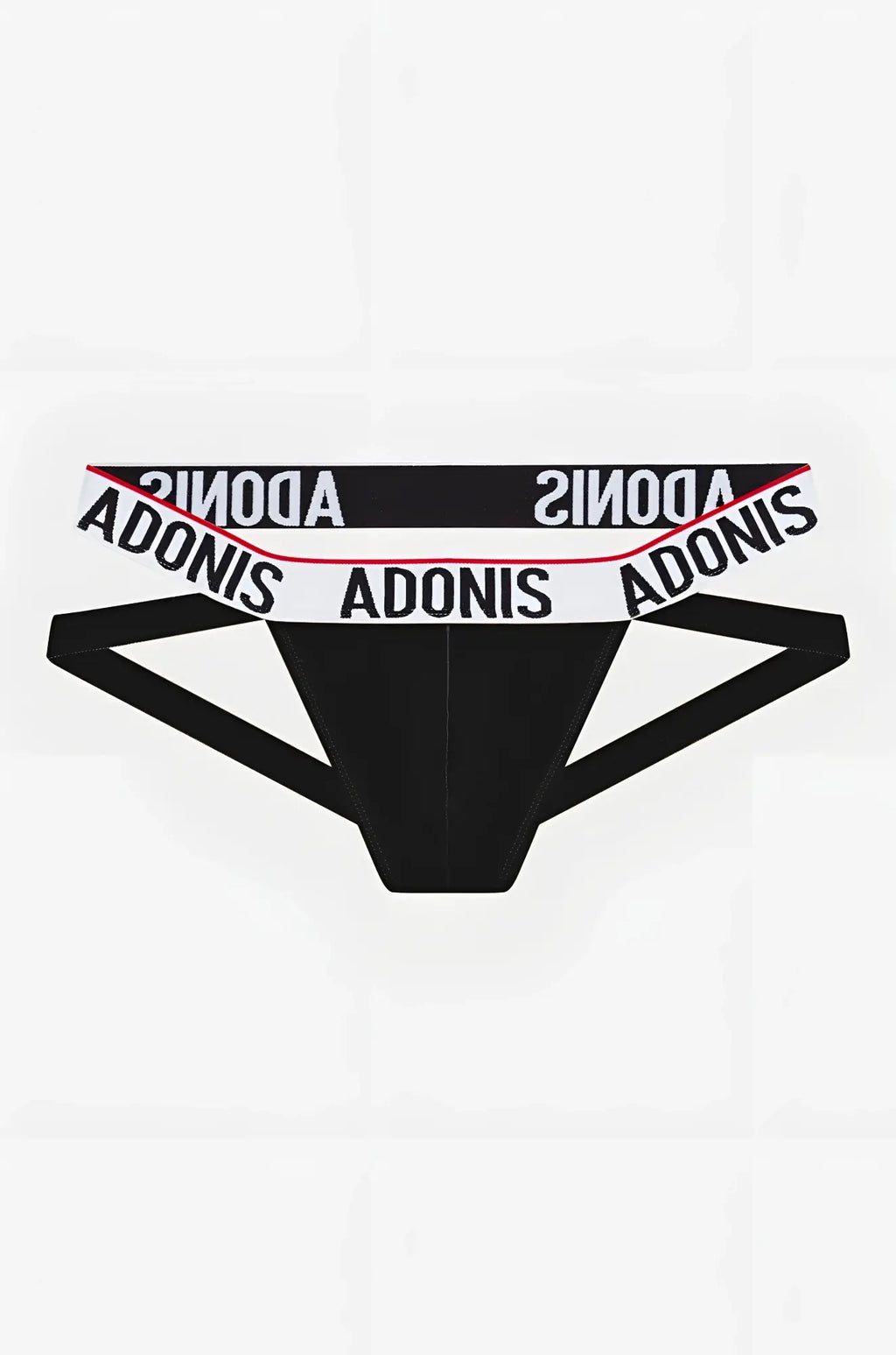 Classic black jockstrap briefs by adonis with black fabric and white waistband featuring adonis logo and red trim