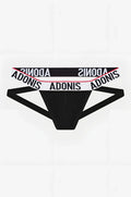 Classic black jockstrap briefs by adonis with black fabric and white waistband featuring adonis logo and red trim