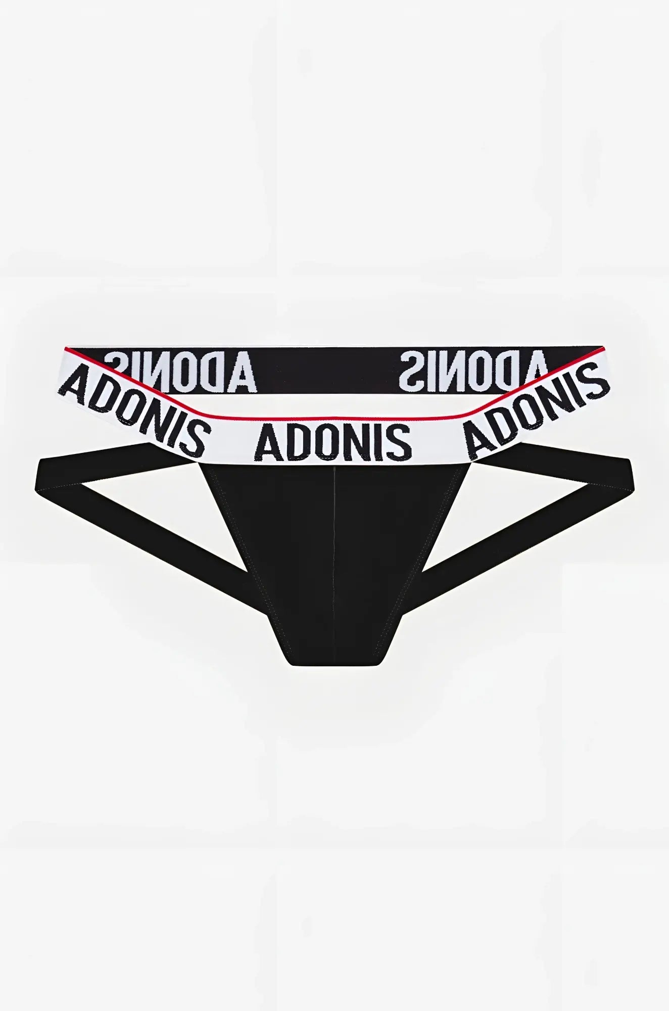 Classic black jockstrap briefs by adonis with black fabric and white waistband featuring adonis logo and red trim