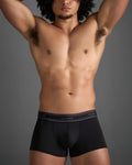 Black classic cotton trunk boxer briefs with gray elastic waistband and white brand lettering