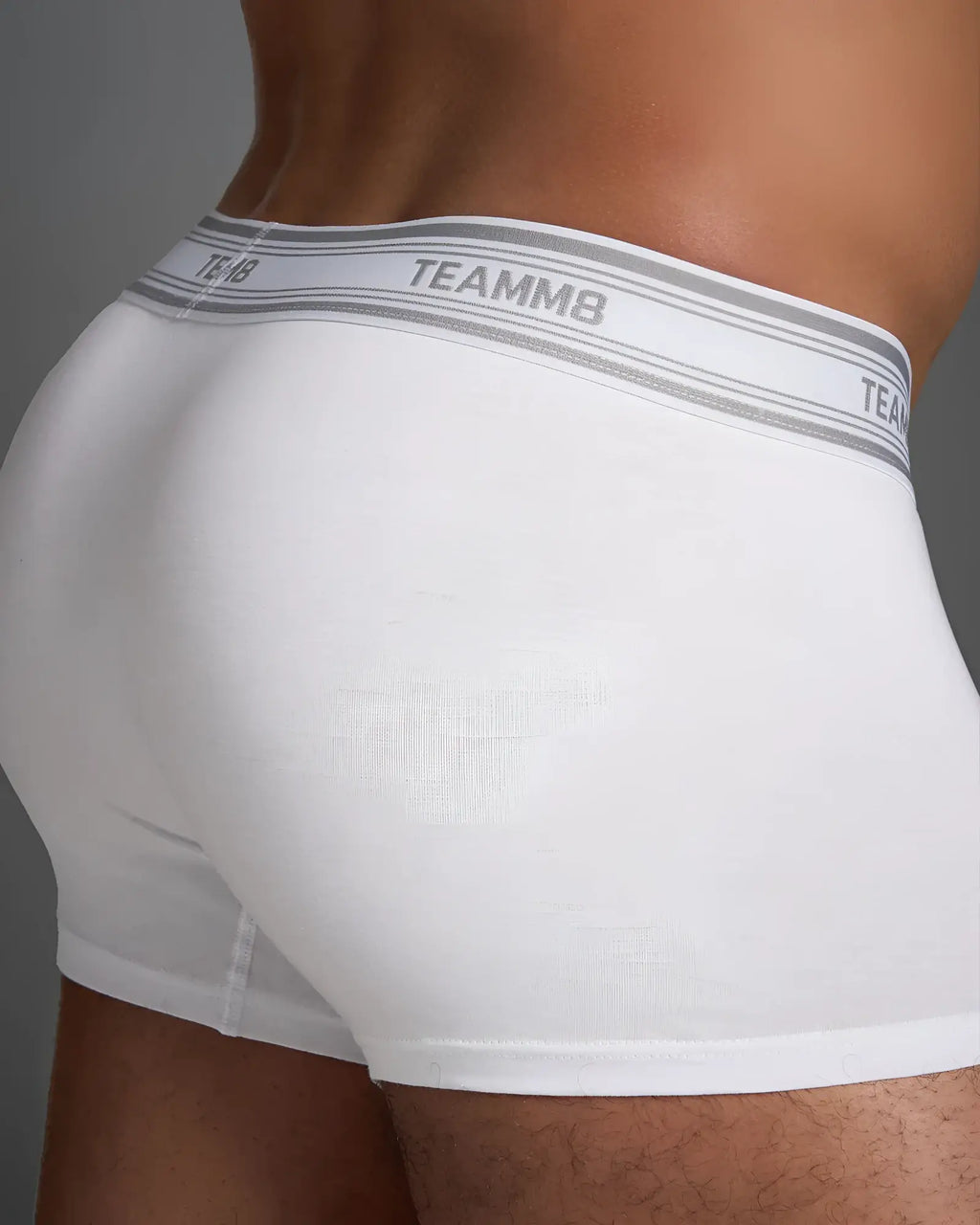 White classic cotton trunk boxer briefs with gray elastic waistband and black brand name lettering