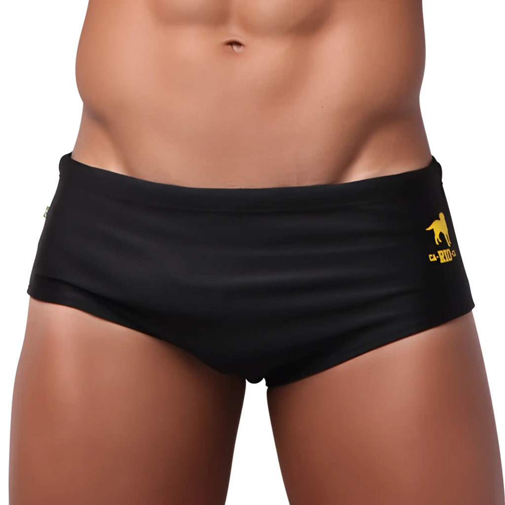 Classic cut solids sunga male bathing suit in black swim trunks with yellow dog logo and c 10 text on the side