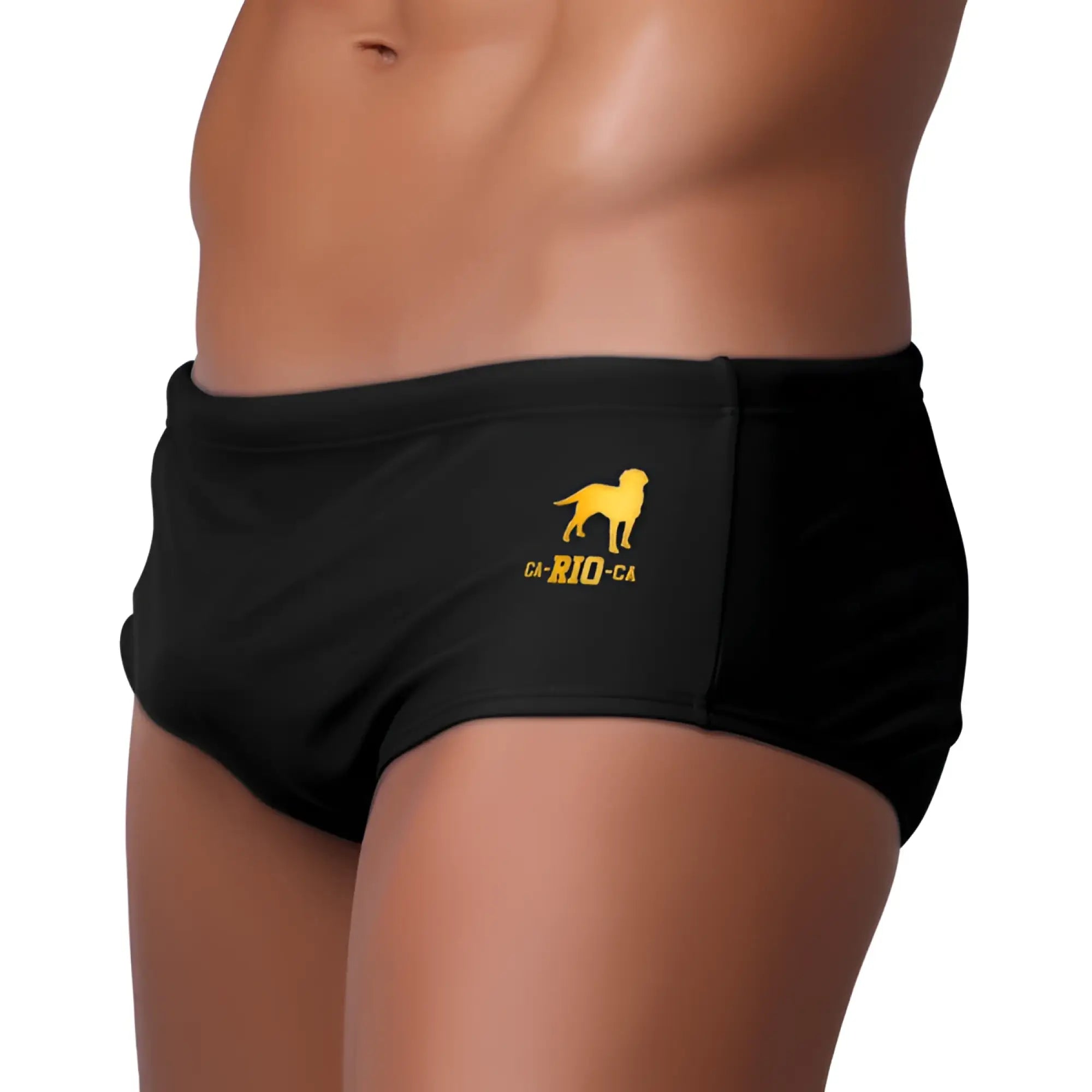 Black classic cut solids sunga male bathing suit swim trunks with yellow dog silhouette and ca-rio-ca embroidery on side