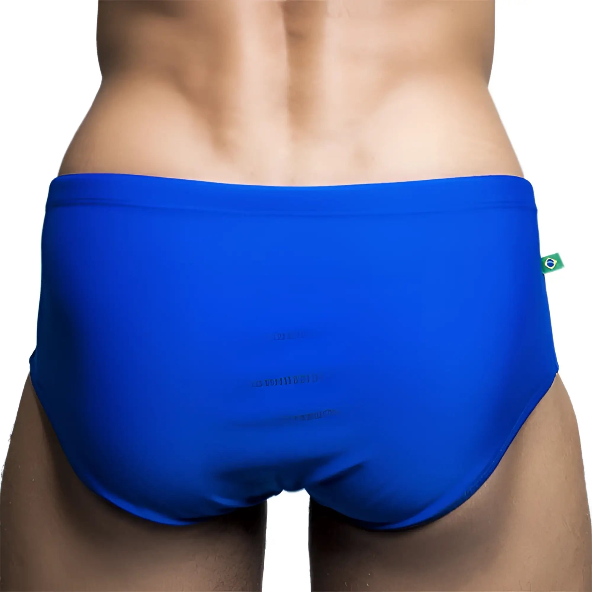 Bright blue snug fit classic cut solids sunga male bathing suit with green brazilian flag tag on waistband