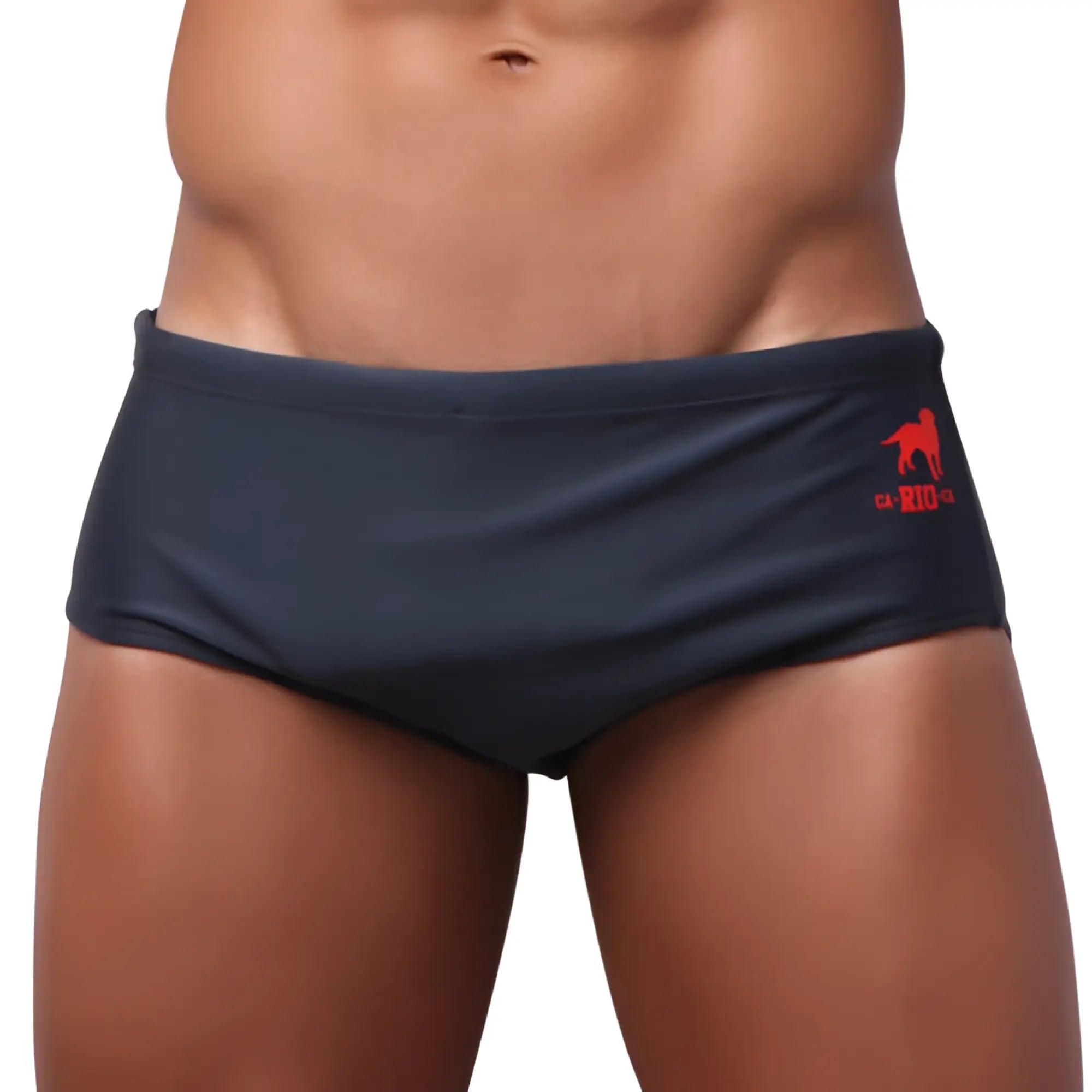 Dark navy blue classic cut solids sunga swim trunks with red dog logo and rio text on waistband for men