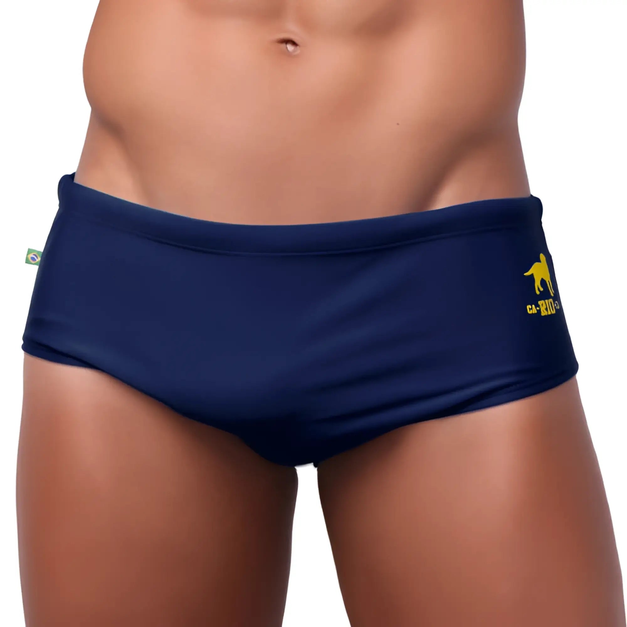 Navy blue classic cut solids sunga male bathing suit with yellow dog logo and ca-201 text on the side