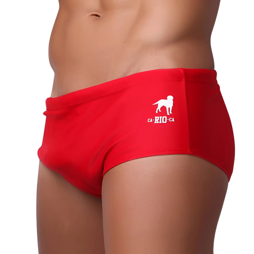 Red swim trunks classic cut solids sunga with white dog logo and ca-rio-ca text on the front for male bathing suit