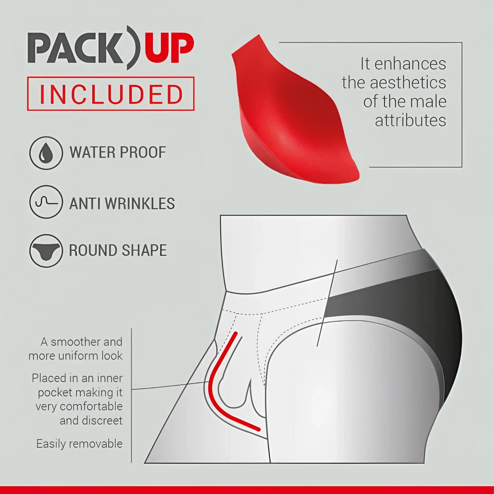 Red silicone male enhancement device shaped like a classic swim brief for comfortable wear and support