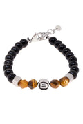 Classy whimsy bracelet with black and gold tiger eye beads silver clasp and central black charm with letter b