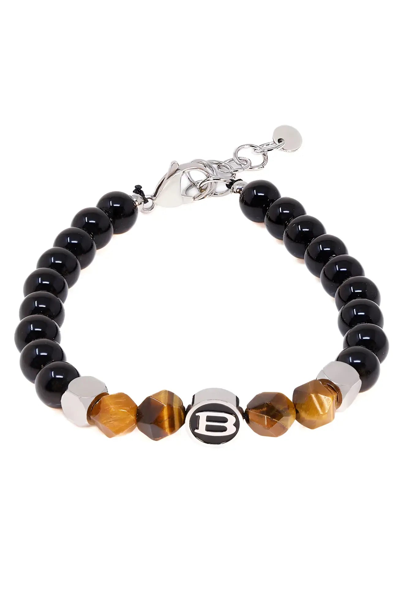 Classy whimsy bracelet with black and gold tiger eye beads silver clasp and central black charm with letter b