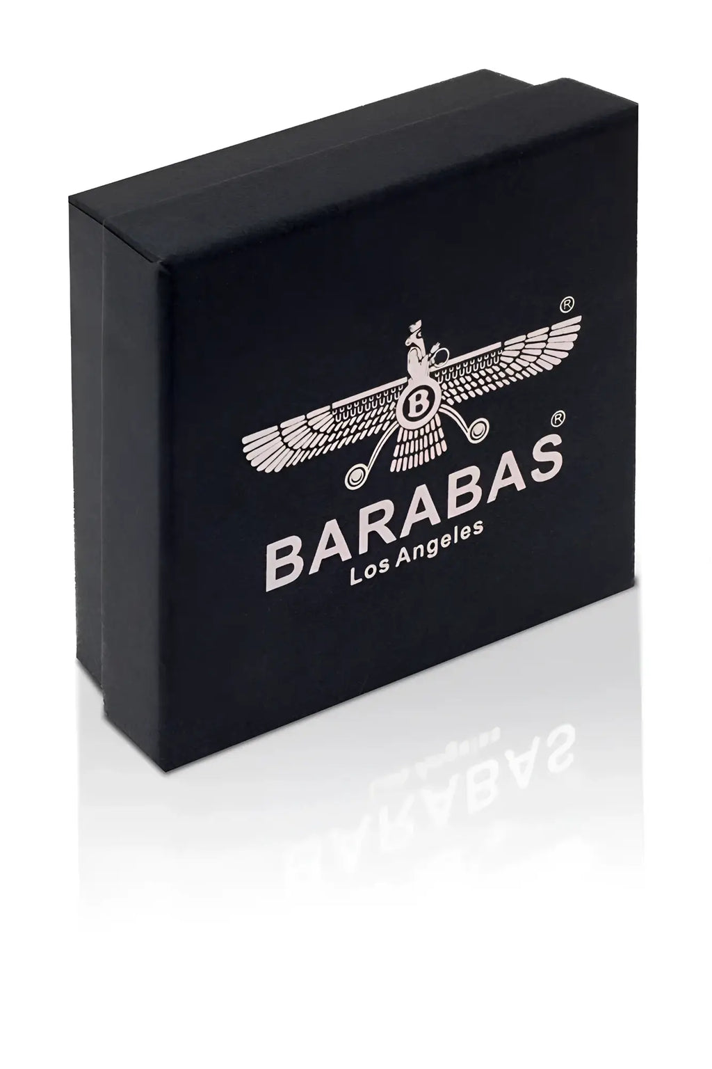 Black rectangular barabas los angeles jewelry box with silver embossed logo for classy wrinkle bracelet packaging