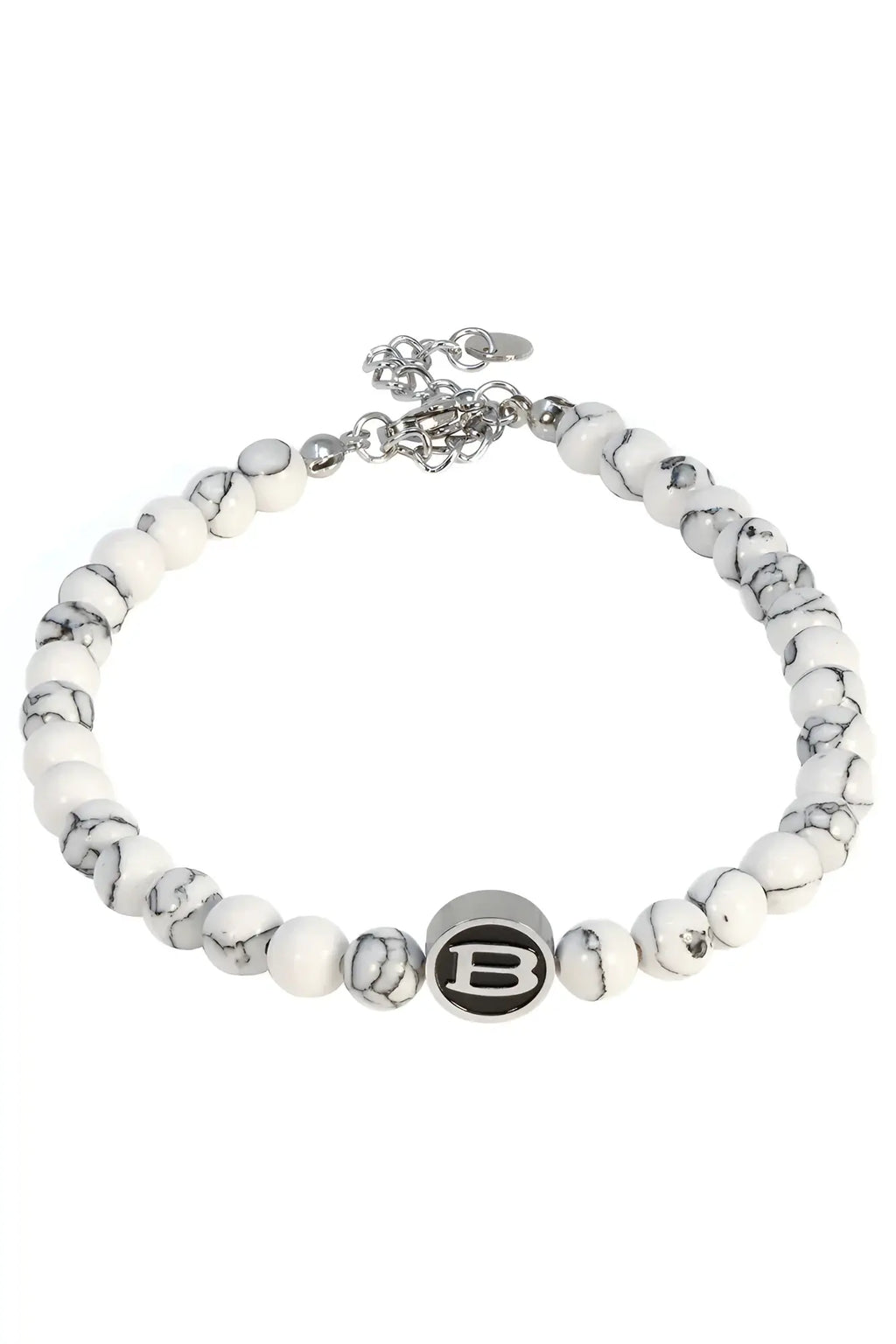 Classy wrinkle bracelet featuring white and black marbled beads with a silver-toned b charm