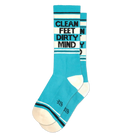 Clean feet dirty mind crew socks featuring turquoise and white stripes with black text on the cuff for casual wear