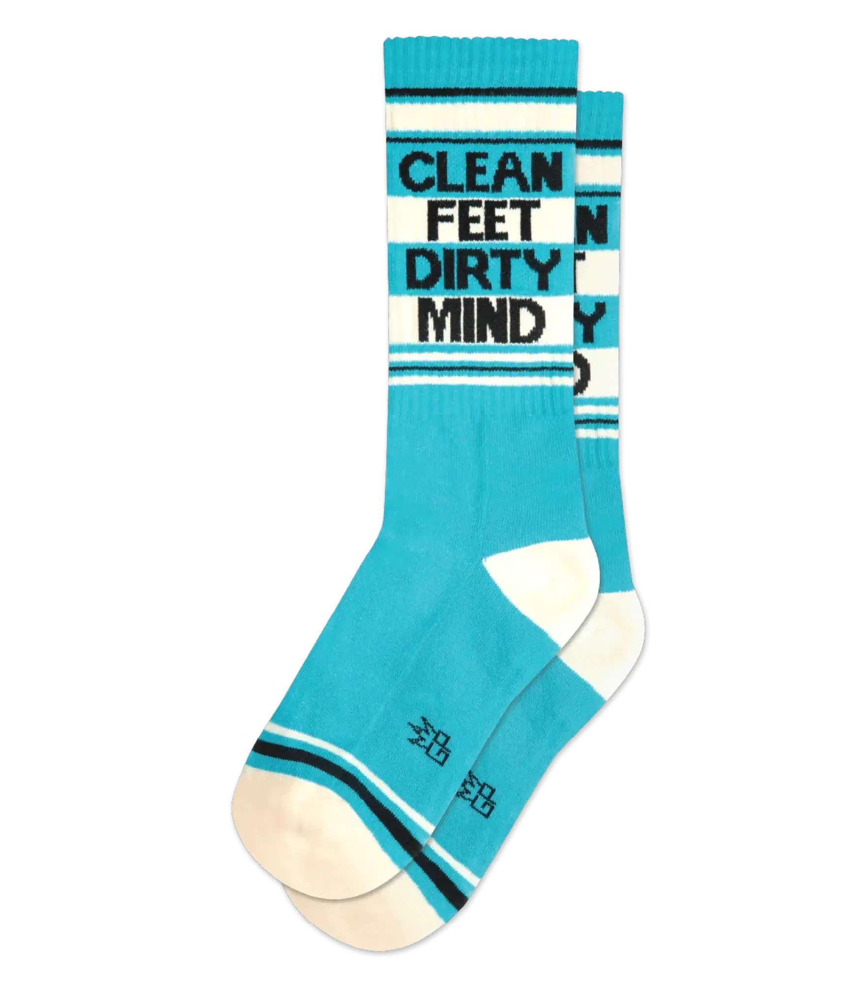 Clean feet dirty mind crew socks featuring turquoise and white stripes with black text on the cuff for casual wear