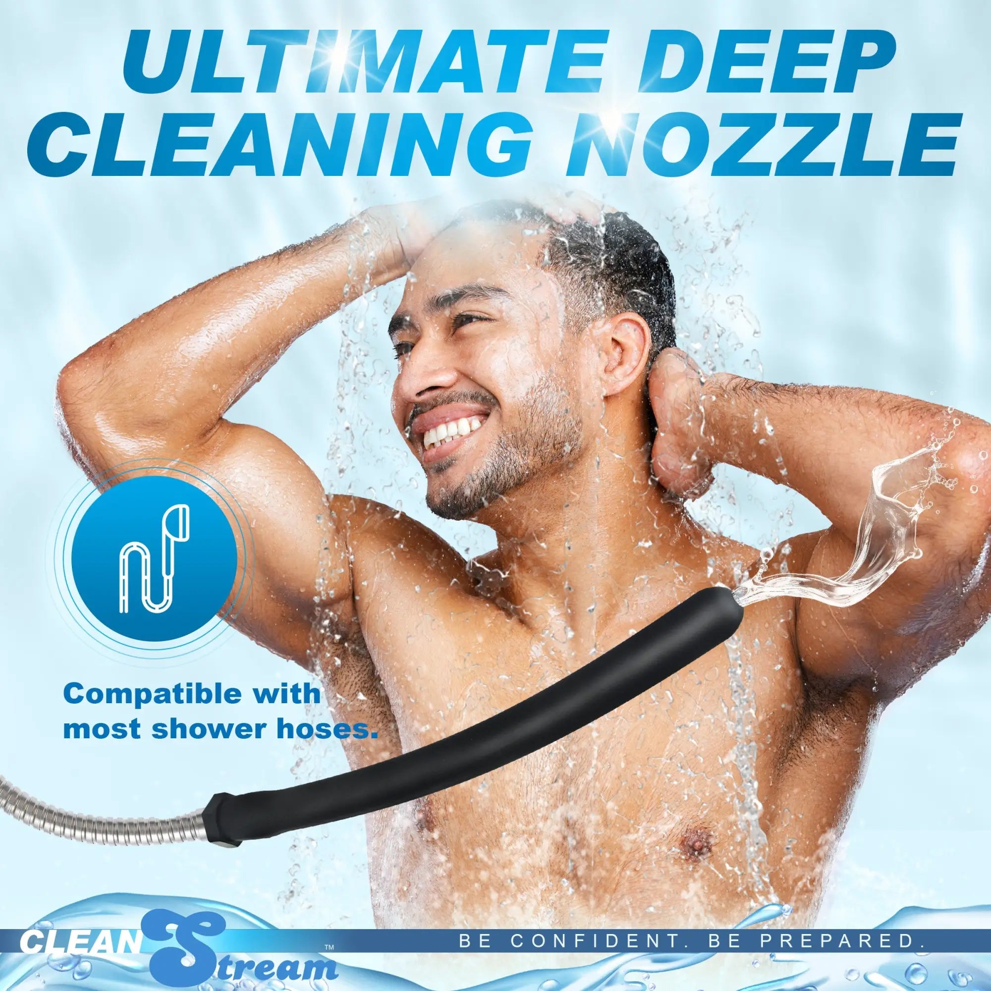 CleanStream 10-inch black silicone comfort nozzle attached to a metal hose, spraying water, shown with a smiling man.