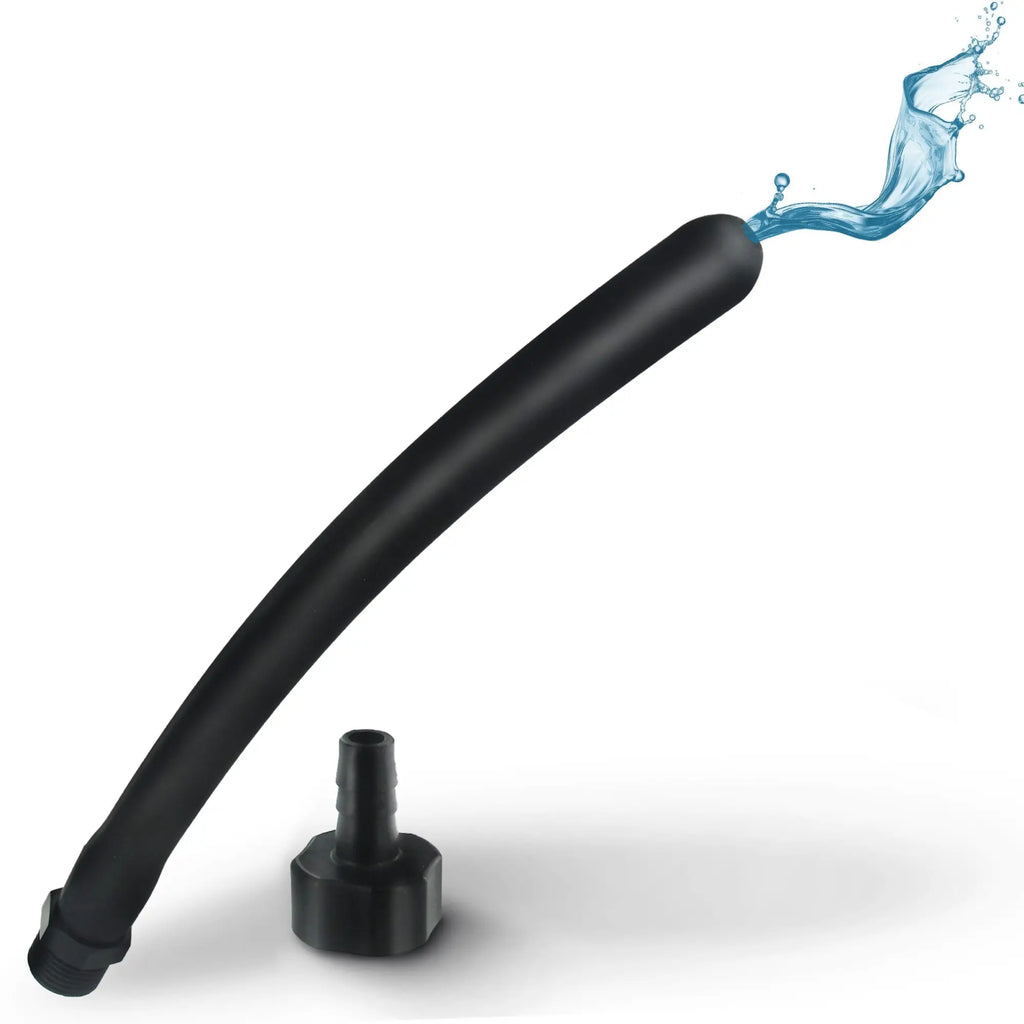 CleanStream 10-inch black silicone comfort nozzle spraying a stream of water, shown with an attachment piece.